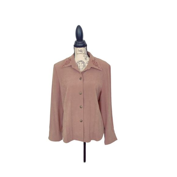Koret Stretch Tan Fax Suede Embroidered Collared Button Up Blazer Jacket Size 14 - Picture 1 of 6
